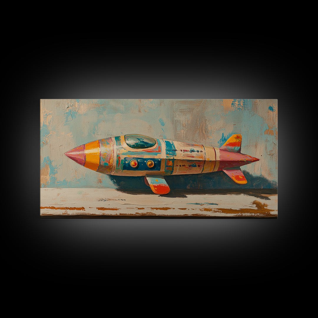 Retro Tin Toy Rocket Framed Canvas Print, Space Wall Art, Sci Fi Nursery Decor, Boys Room Art Gift For Space Lover Retro Space Decor