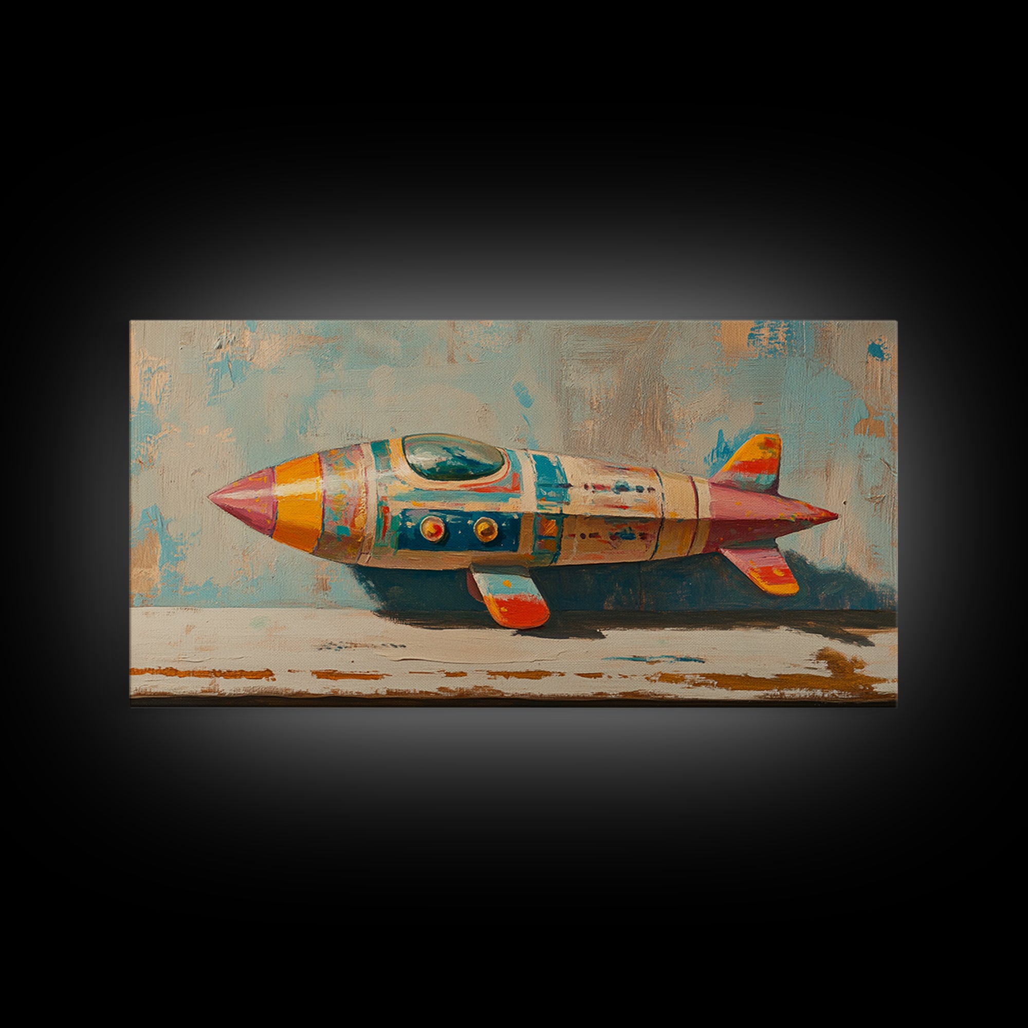 Retro Tin Toy Rocket Framed Canvas Print, Space Wall Art, Sci Fi Nursery Decor, Boys Room Art Gift For Space Lover Retro Space Decor