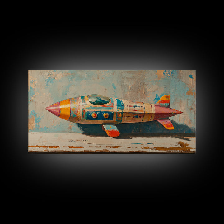 Retro Tin Toy Rocket Framed Canvas Print, Space Wall Art, Sci Fi Nursery Decor, Boys Room Art Gift For Space Lover Retro Space Decor