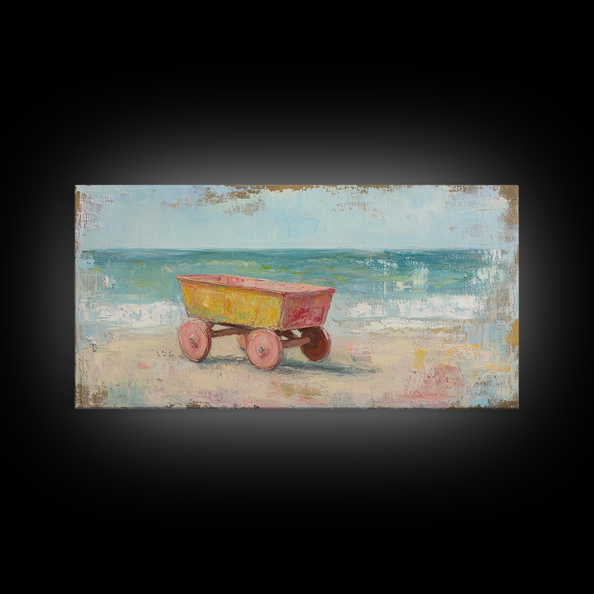 Yellow Beach Wagon Canvas Print, Coastal Wall Art, Beach House Decor, Ocean Wall Decor, Summer Nursery Art, Housewarming Gift