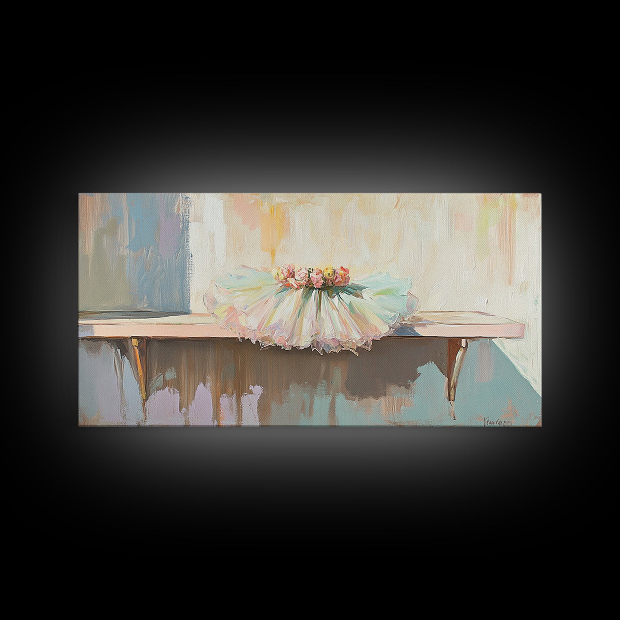 Pastel Ballet Tutu On Barre Wall Art, Girls Room Decor, Dance Studio Decor, Nursery Wall Art, Feminine Framed Canvas Print