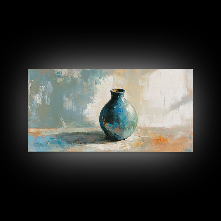 Turquoise Ceramic Vase Still Life Framed Canvas Print, Neutral Wall Art, Modern Home Decor, Living Room Decor, Housewarming Gift