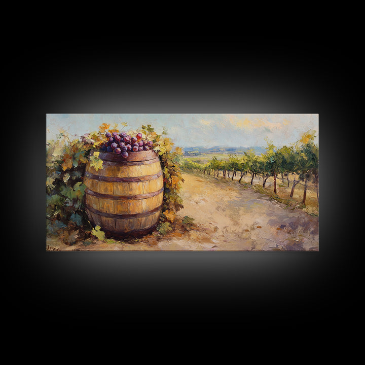 Wine Barrel And Grapes Vineyard Landscape Canvas Print, Winery Wall Art, Rustic Kitchen Decor, French Country Decor, Gift For Wine Lover