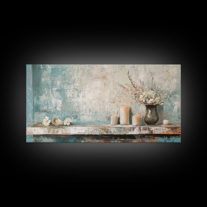Candles Flowers And Seashell Still Life Canvas Print, Coastal Wall Art, Spa Decor, Neutral Bathroom Decor, Calming Wall Art