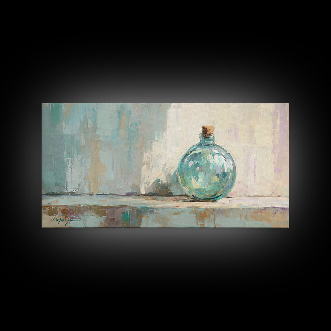 Aqua Glass Bottle Still Life Framed Canvas Print, Coastal Wall Art, Minimalist Decor, Modern Home Decor, Housewarming Gift