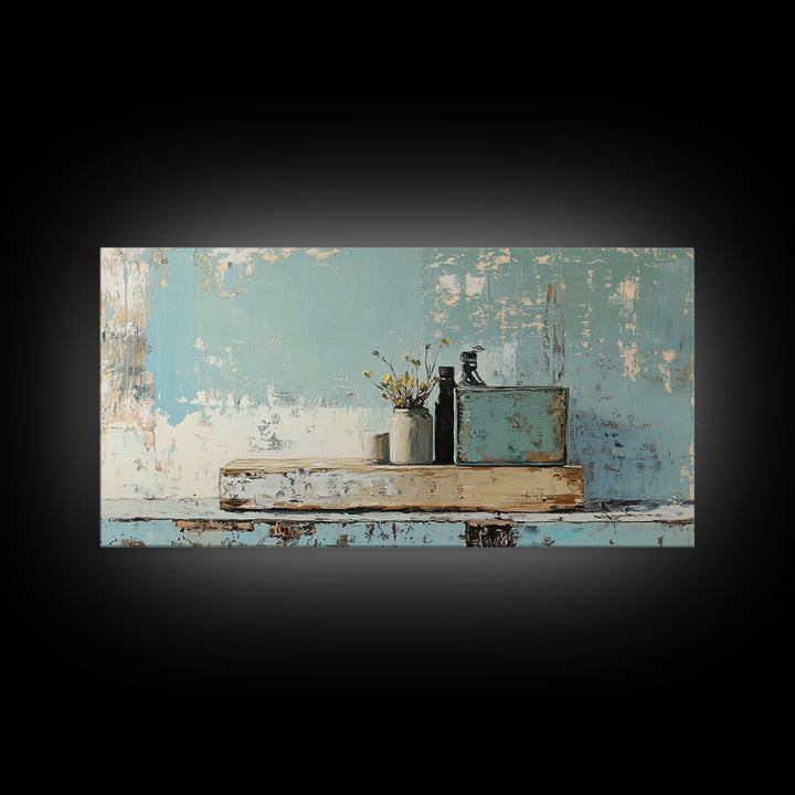 Rustic Blue Shelf Still Life Wall Art, Textured Coastal Farmhouse Kitchen Decor, Neutral Living Room Art Print, Housewarming Gift