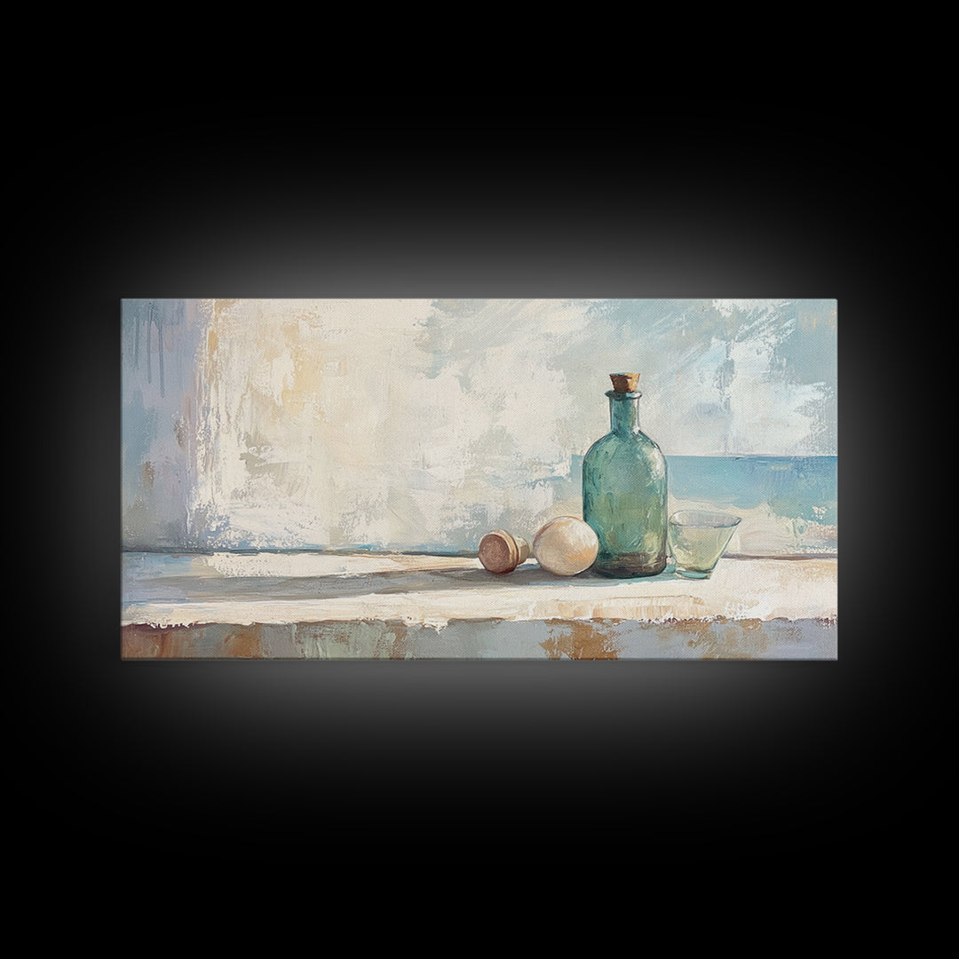 Sea Glass Bottle And Eggs Wall Art, Minimalist Coastal Kitchen Decor, Neutral Still Life Canvas Print, Beach House Decor Gift