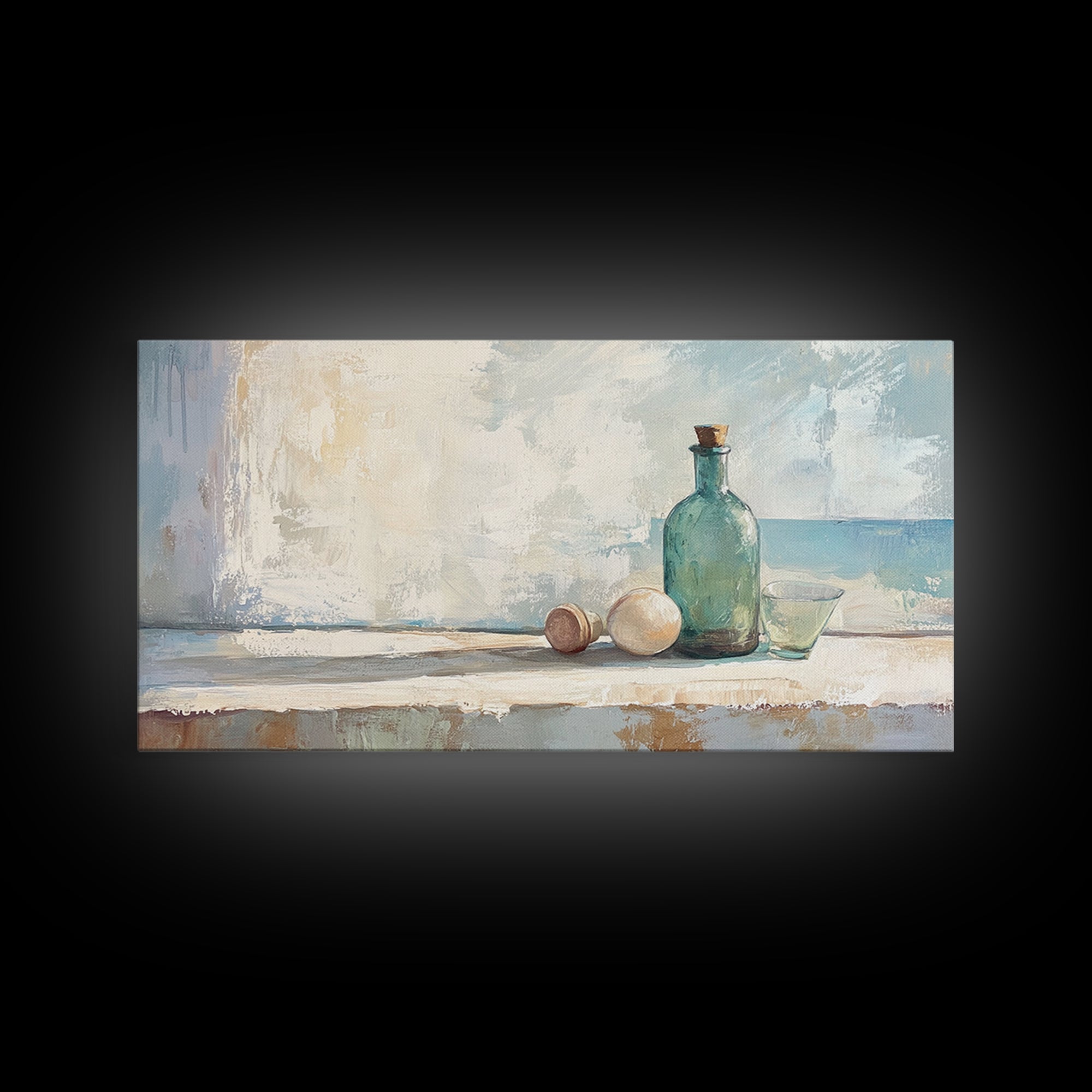 Sea Glass Bottle And Eggs Wall Art, Minimalist Coastal Kitchen Decor, Neutral Still Life Canvas Print, Beach House Decor Gift