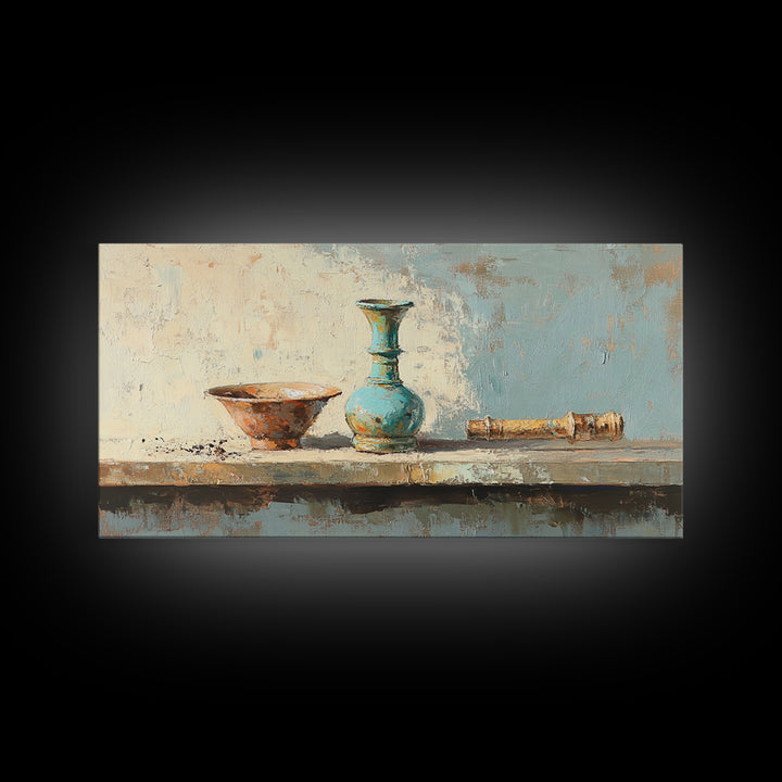 Turquoise Vase And Rustic Bowl Wall Art, Textured Still Life Canvas Print, Neutral Farmhouse Decor For Living Room Housewarming Gift