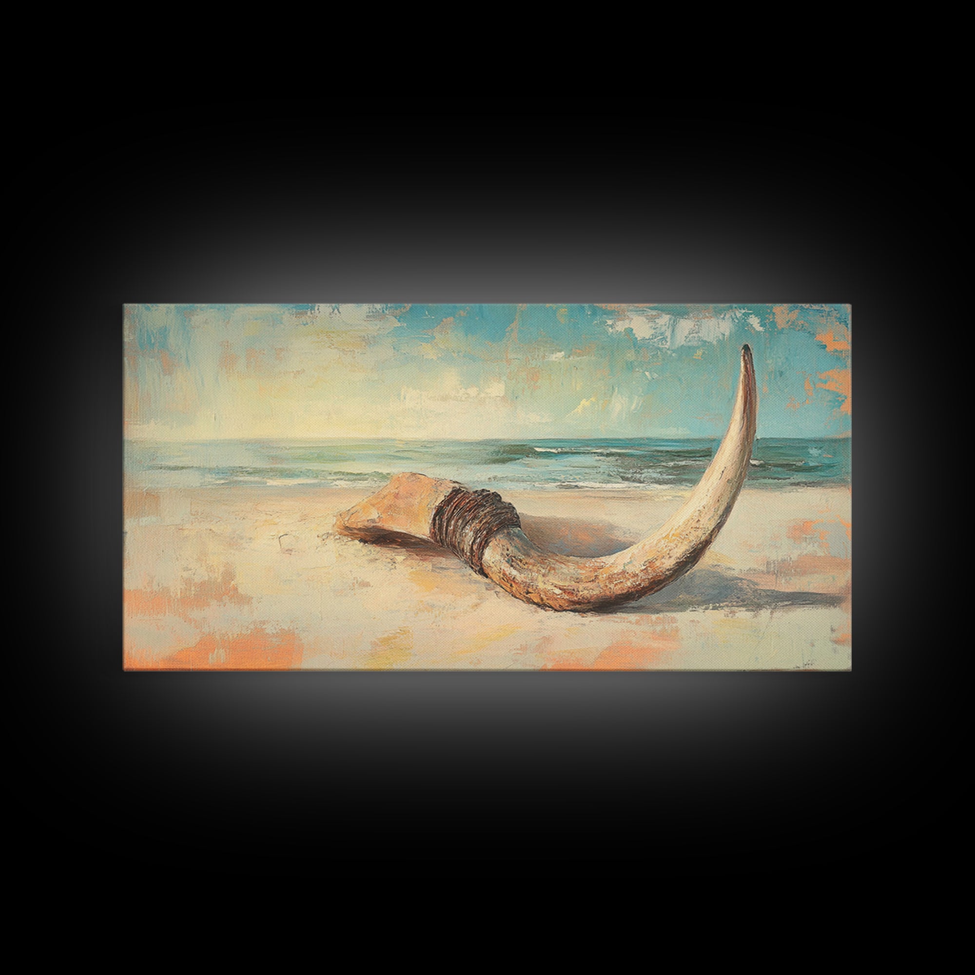 Weathered Horn On Sandy Shore Wall Art, Coastal Beach House Decor, Nautical Canvas Wall Art, Rustic Seascape Gift For Living Room Decor