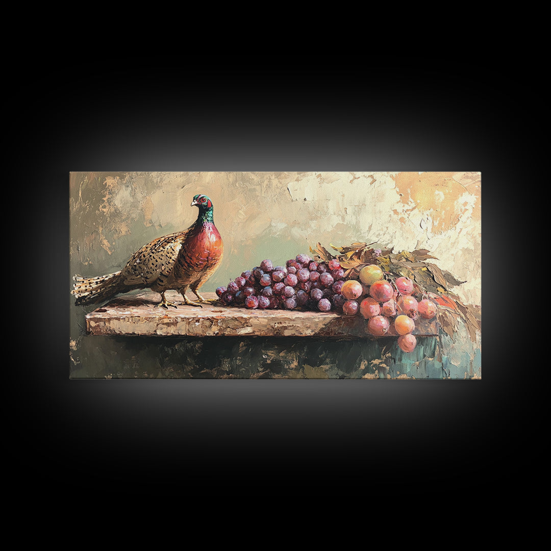 Pheasant And Purple Grapes Framed Canvas Print, Rustic Country Kitchen Wall Art, Winery Decor, Farmhouse Dining Room Still Life