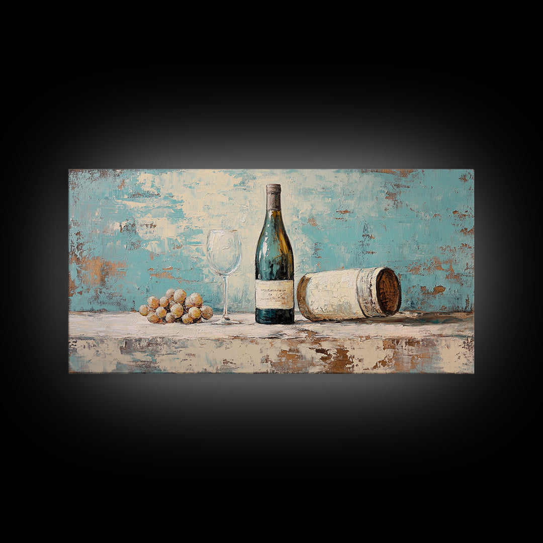 Wine Bottle With Glass And Grapes Canvas Print, Winery Kitchen Wall Art, Rustic Bar Cart Decor, Vineyard Housewarming Gift