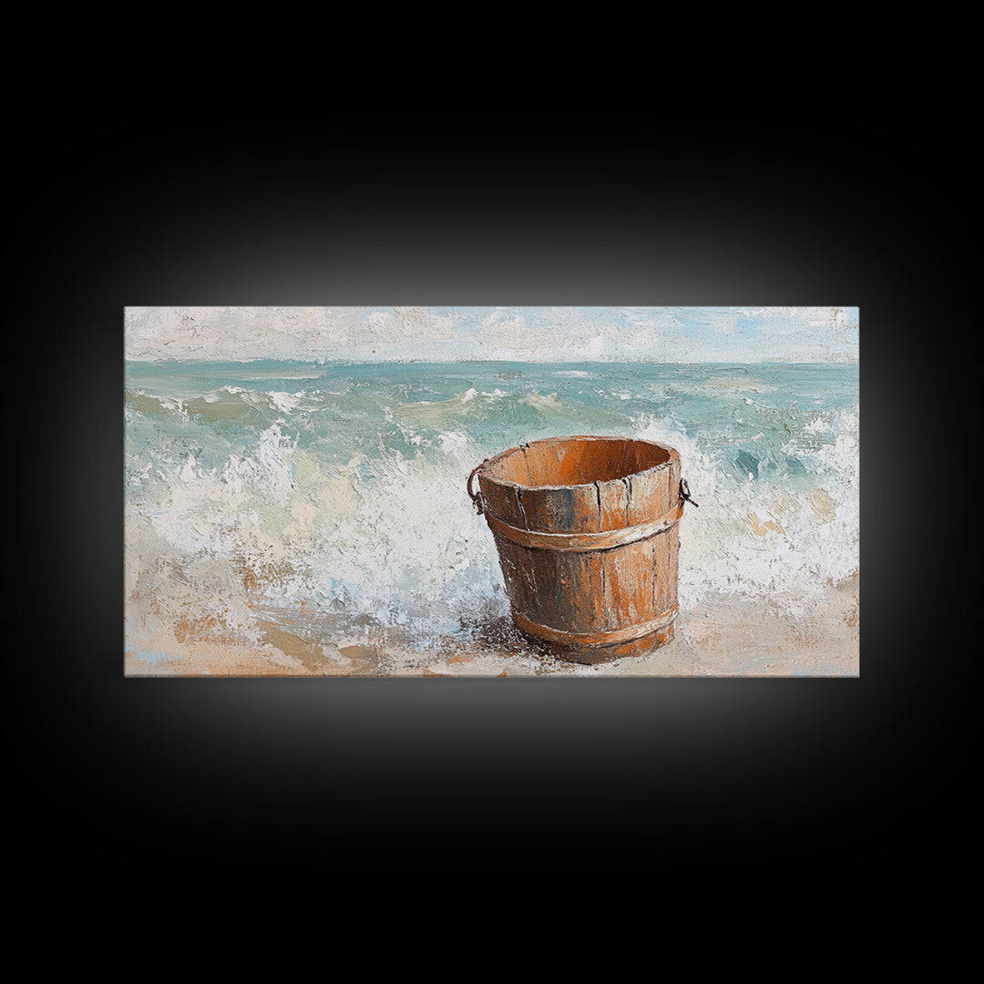 Wooden Bucket By Ocean Waves Framed Canvas Print, Coastal Beach Wall Art, Nautical Bathroom Decor, Beach House Gift For Living Room