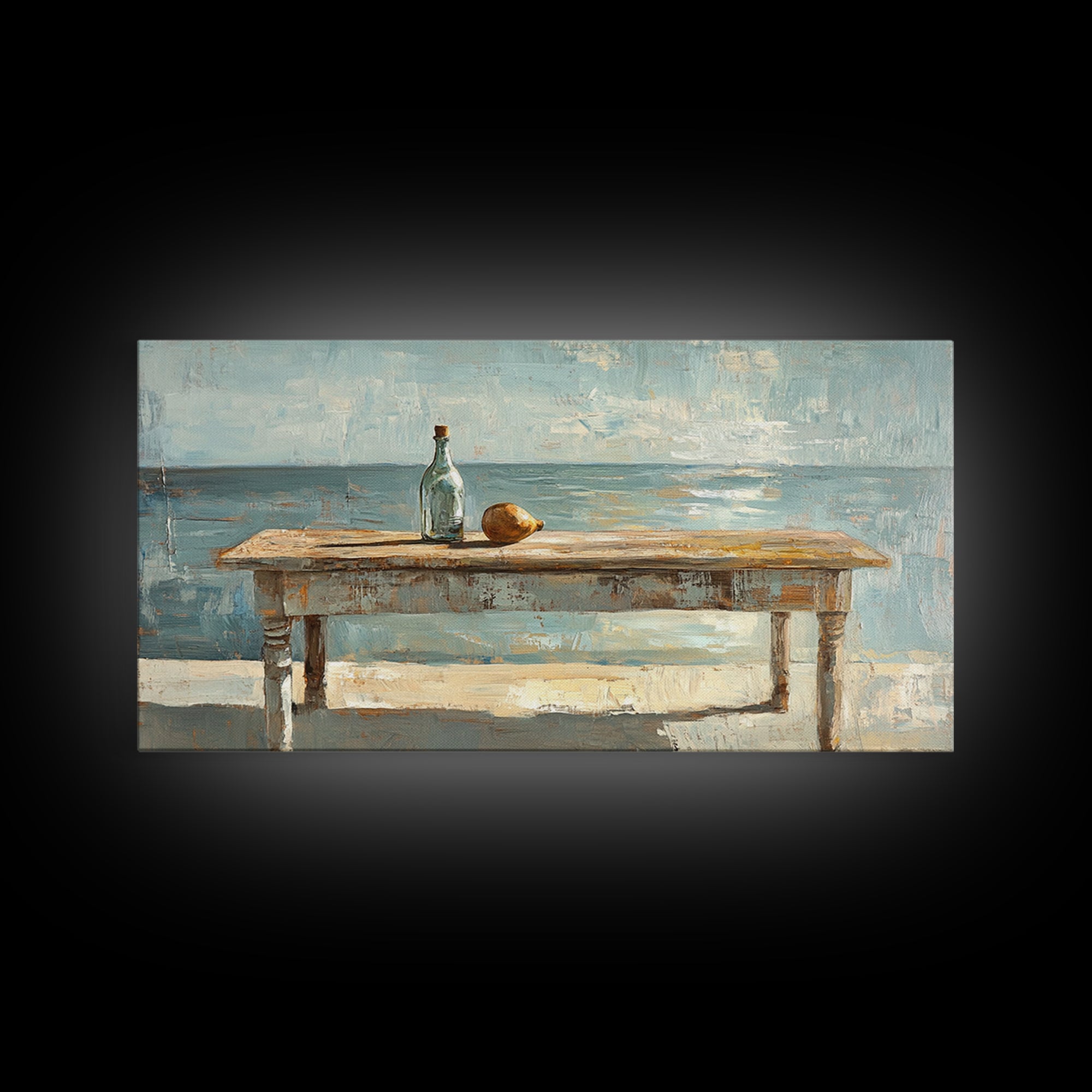 Weathered Seaside Table With Bottle Canvas Print, Coastal Wall Art, Beach House Decor, Ocean Painting, Nautical Living Room Decor