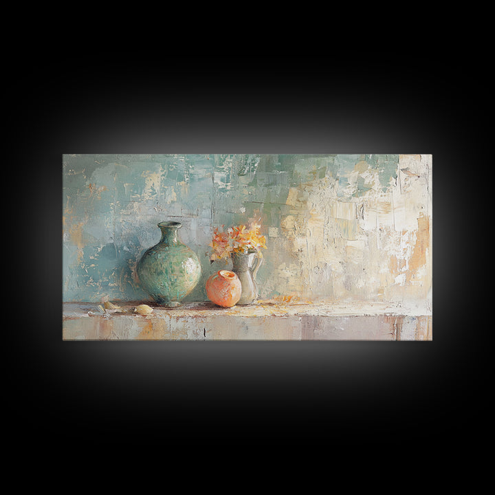 Textured Vases With Tiny Orange Flowers Canvas Print, Neutral Wall Art, Modern Farmhouse Decor, Still Life Painting, Gift For Her