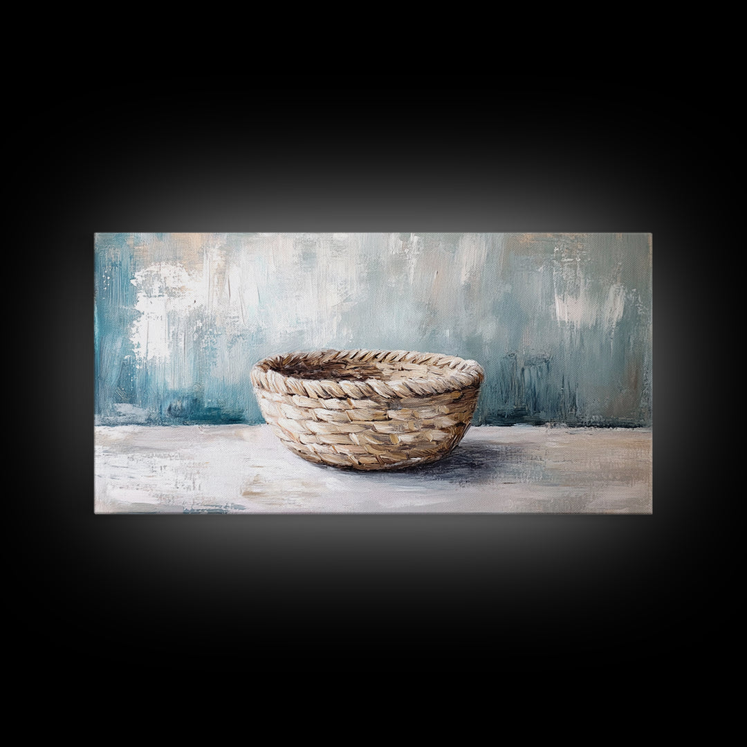 Handwoven Basket Still Life Canvas Print, Rustic Wall Art, Neutral Farmhouse Decor, Wabi Sabi Art, Cozy Kitchen Decor Gift
