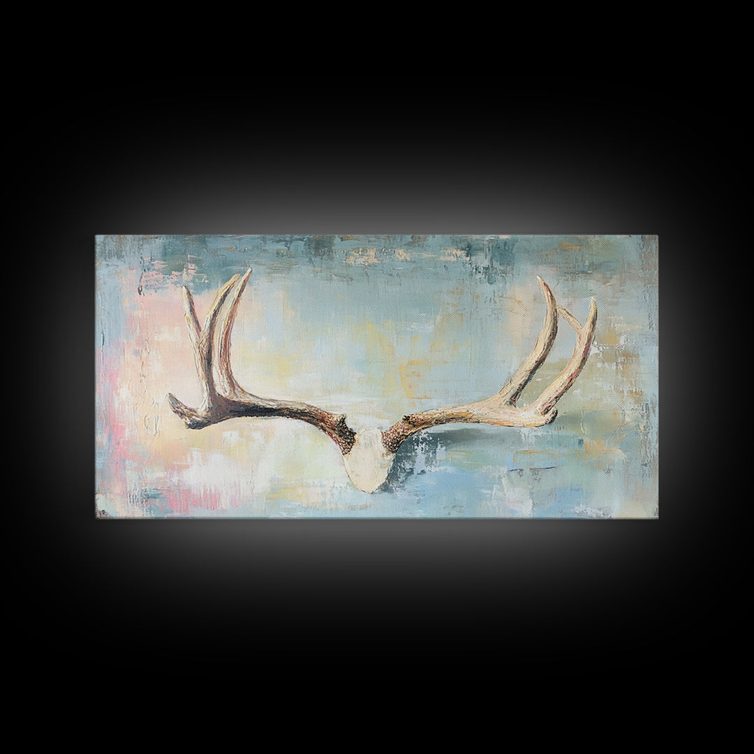 Rustic Antlers On Blue Background Wall Art, Western Wall Decor, Cabin Decor, Nature Canvas Print, Masculine Office Art Gift