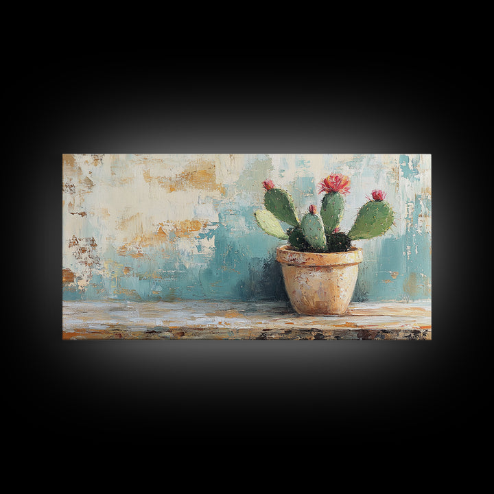 Potted Prickly Pear Cactus With Pink Flowers Canvas Print, Desert Wall Art, Southwest Decor, Botanical Kitchen Decor Gift