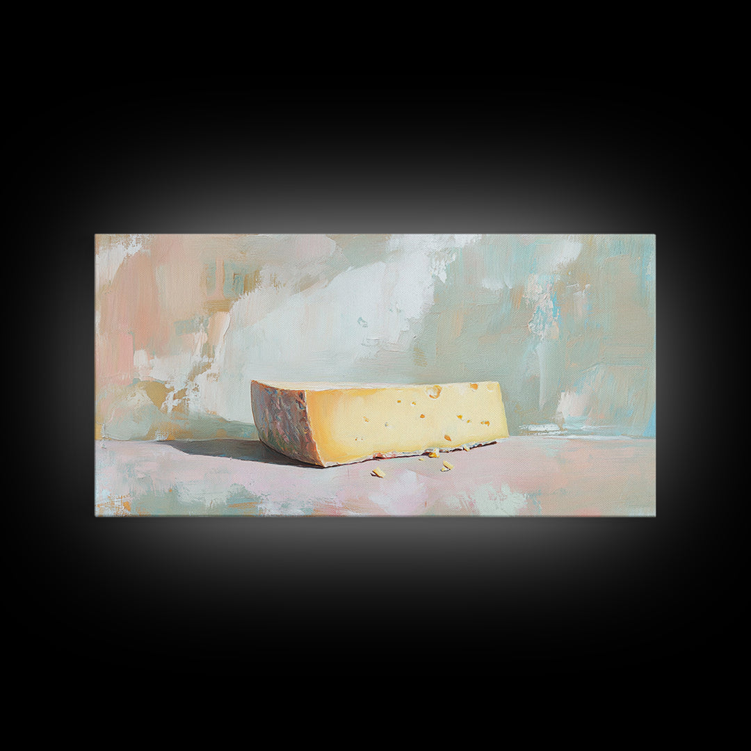 Minimal Cheese Wedge Still Life Wall Art, Pastel Kitchen Decor, Food Art Print, Modern Farmhouse Canvas, Gift For Foodie