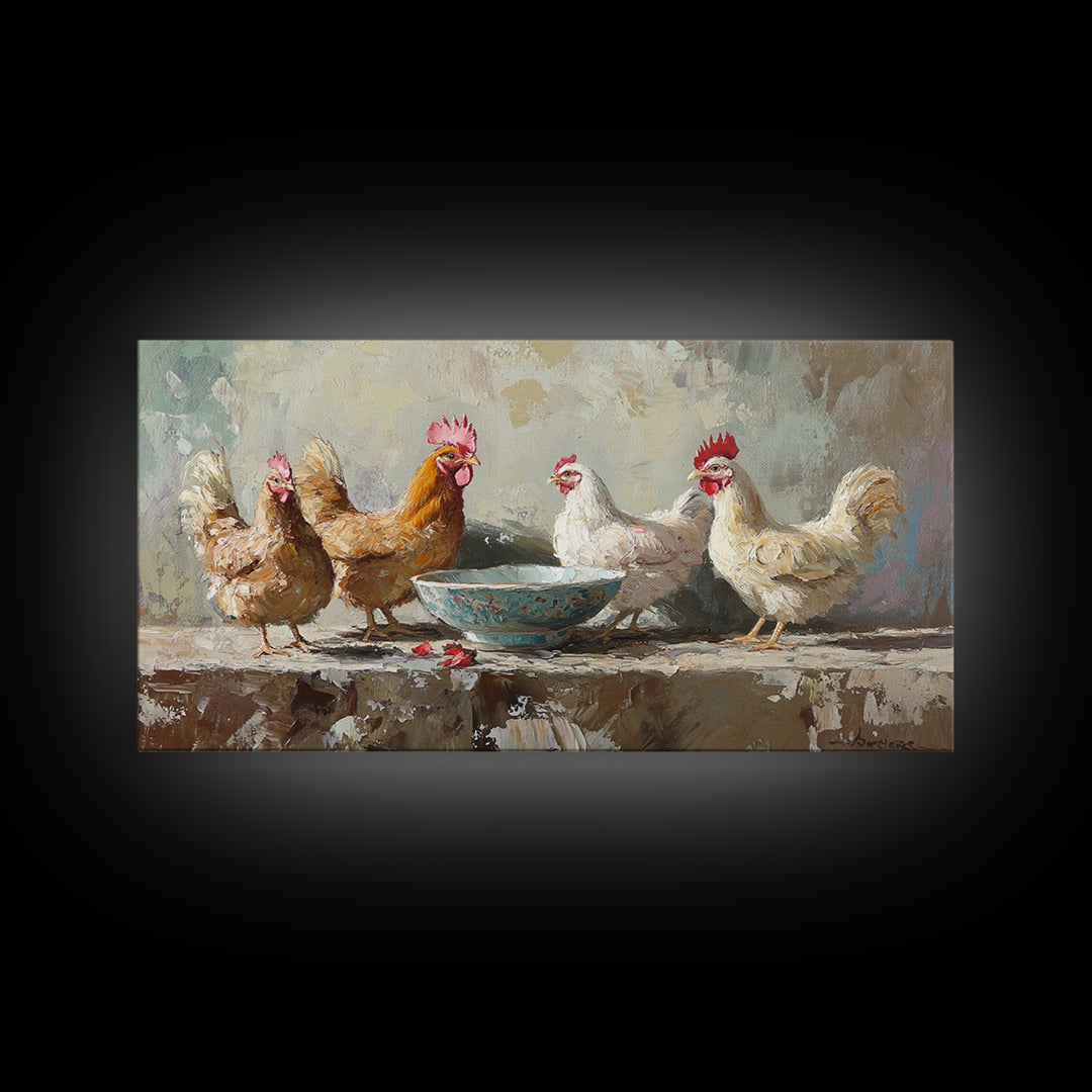 Rustic Farm Chickens And Blue Bowl Wall Art, Farmhouse Canvas Print, Country Kitchen Decor, Animal Wall Art, Housewarming Gift
