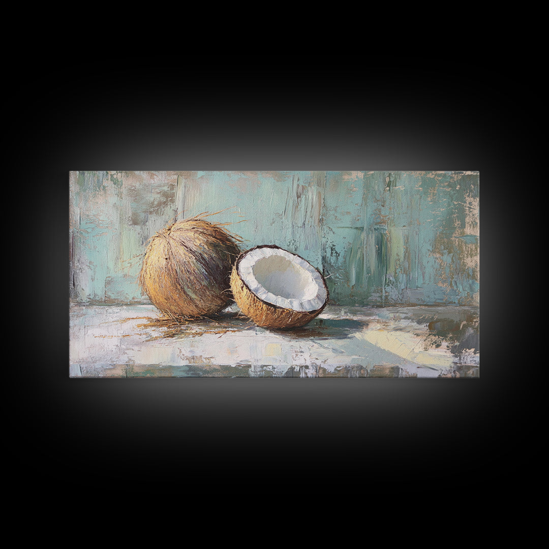 Split Coconut Still Life Wall Art, Tropical Canvas Print, Coastal Kitchen Decor, Beach House Decor, Nature Inspired Art, Gift