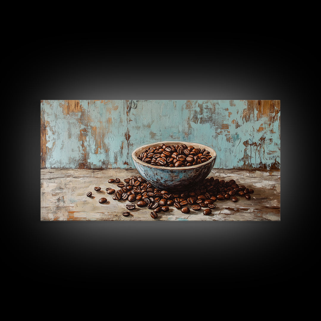 Coffee Beans In Weathered Blue Bowl Wall Art, Coffee Bar Canvas Print, Rustic Kitchen Decor, Cafe Wall Art, Gift For Coffee Lover