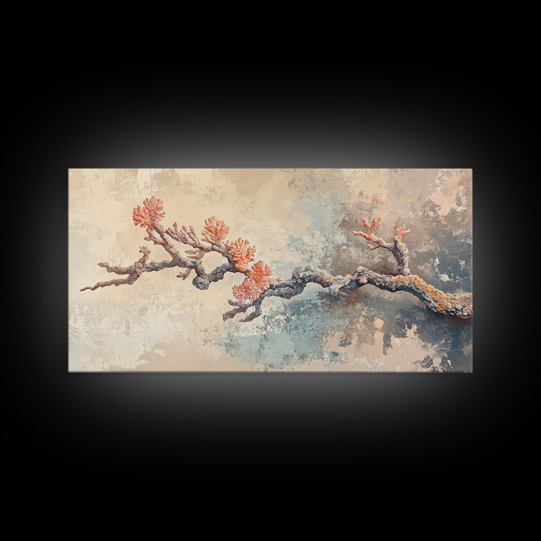 Pink Coral Branch Coastal Wall Art, Textured Ocean Art Print, Beach House Decor, Serene Neutral Canvas Print, Nautical Wall Decor
