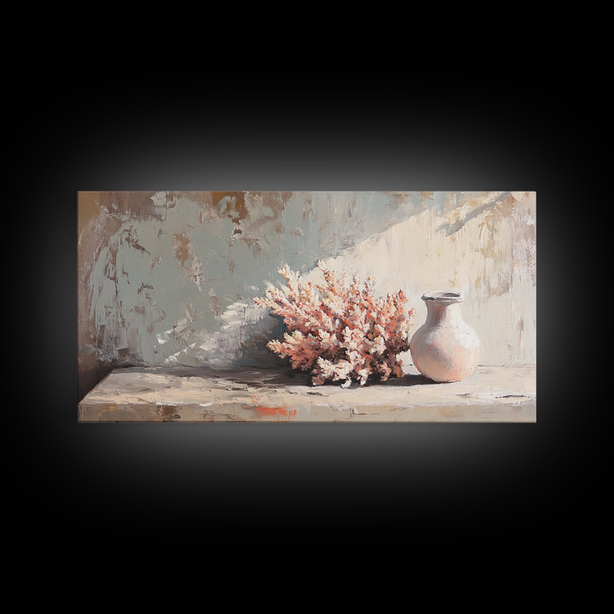 Soft Coral Bouquet And Ceramic Vase Wall Art, Coastal Still Life Print, Neutral Beach House Decor, Modern Home Decor Gift