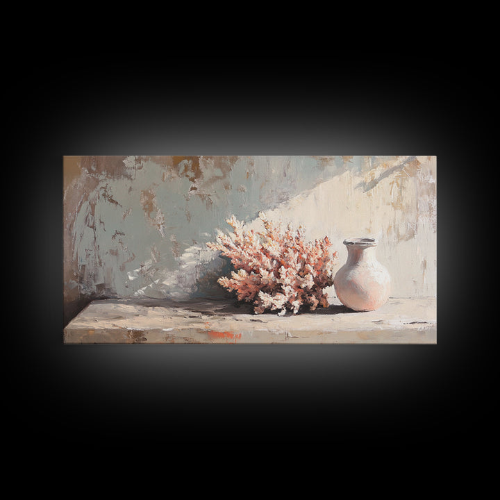 Soft Coral Bouquet And Ceramic Vase Wall Art, Coastal Still Life Print, Neutral Beach House Decor, Modern Home Decor Gift