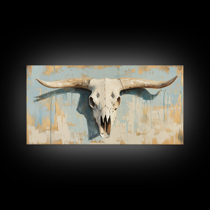 Longhorn Skull On Rustic Blue Plaster Wall Art, Western Ranch Decor, Southwestern Home Decor, Cowboy Canvas Art Print Gift