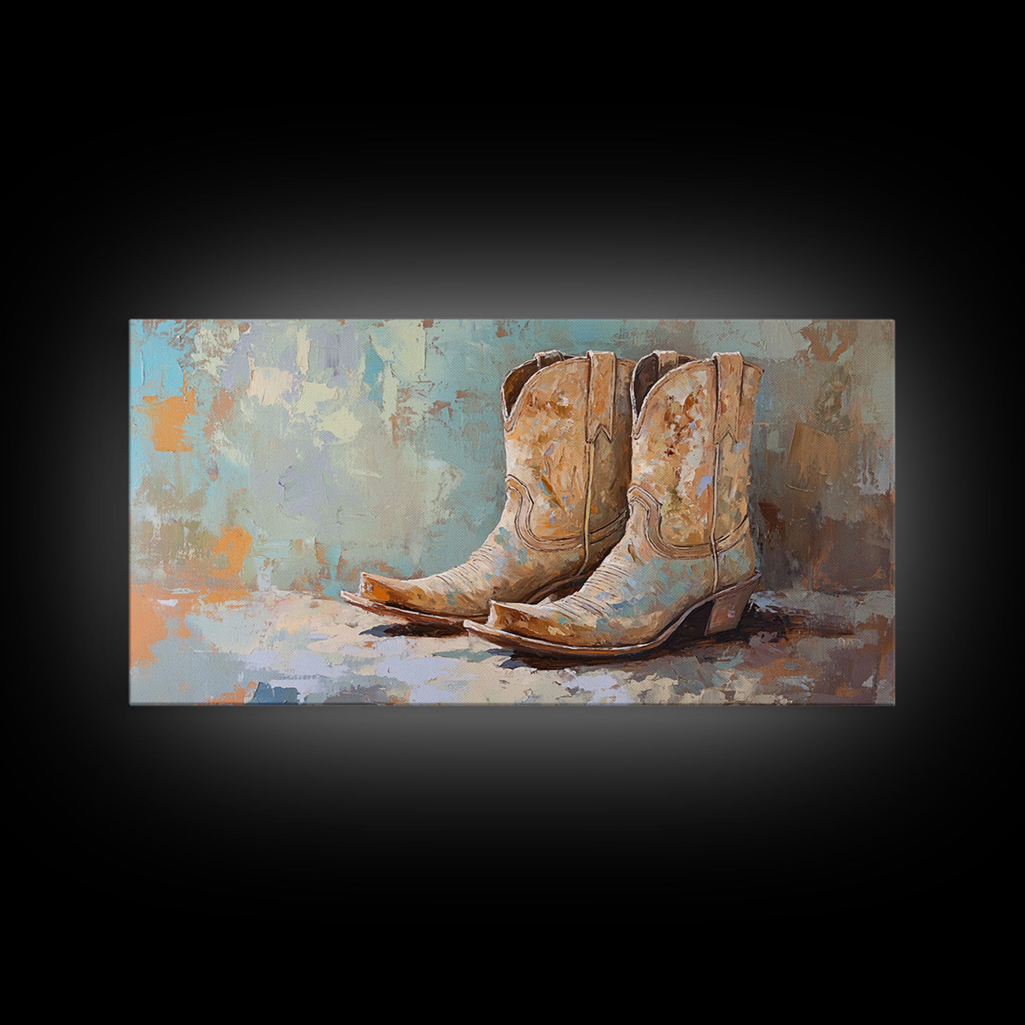 Weathered Cowboy Boots On Textured Blue Canvas Print, Western Wall Decor, Rustic Ranch Home Decor, Cowgirl Gift For Her Art