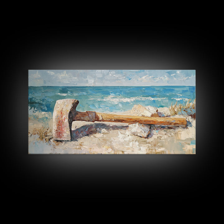 Weathered Axe On Sandy Beach Canvas Print, Coastal Wall Art, Nautical Home Decor, Rustic Seaside Ocean Landscape Gift For Him