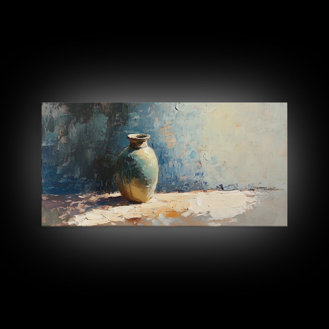 Single Ceramic Vase In Sunlit Blue Abstract Wall Art, Minimalist Home Decor, Still Life Painting, Modern Office Decor Gift