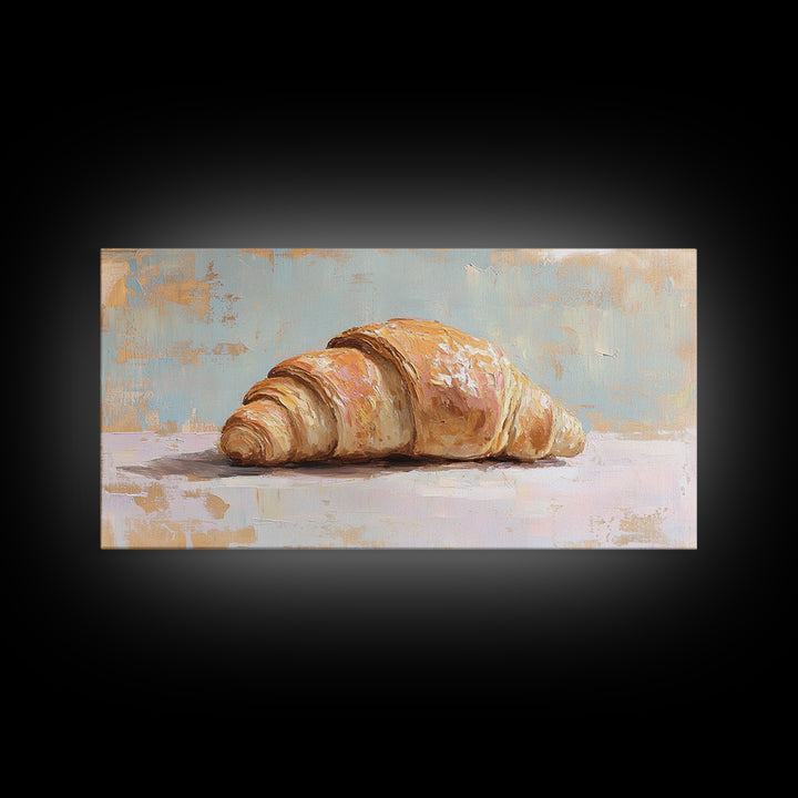 Golden Croissant On Pastel Table Canvas Print, French Bakery Wall Art, Kitchen Decor, Patisserie Print, Foodie Gift For Baker