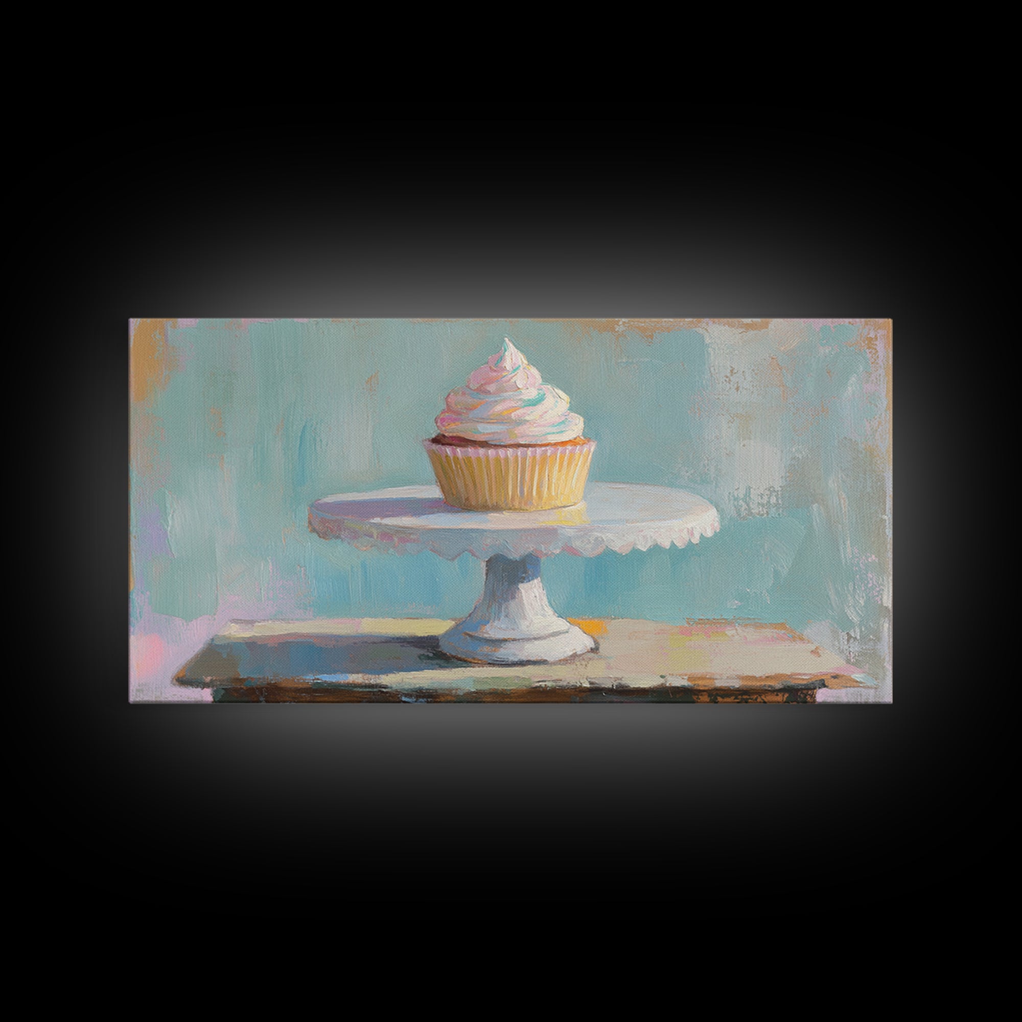 Pastel Cupcake On White Cake Stand Canvas Print, Cute Bakery Wall Art, Kitchen Decor, Dessert Art Print, Birthday Gift For Her