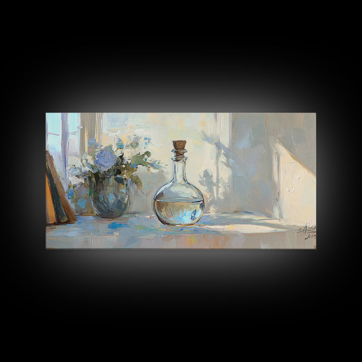 Sunlit Glass Decanter With Blue Flowers Framed Canvas Print, Impressionist Still Life, Neutral Home Decor, Dining Room Wall Art