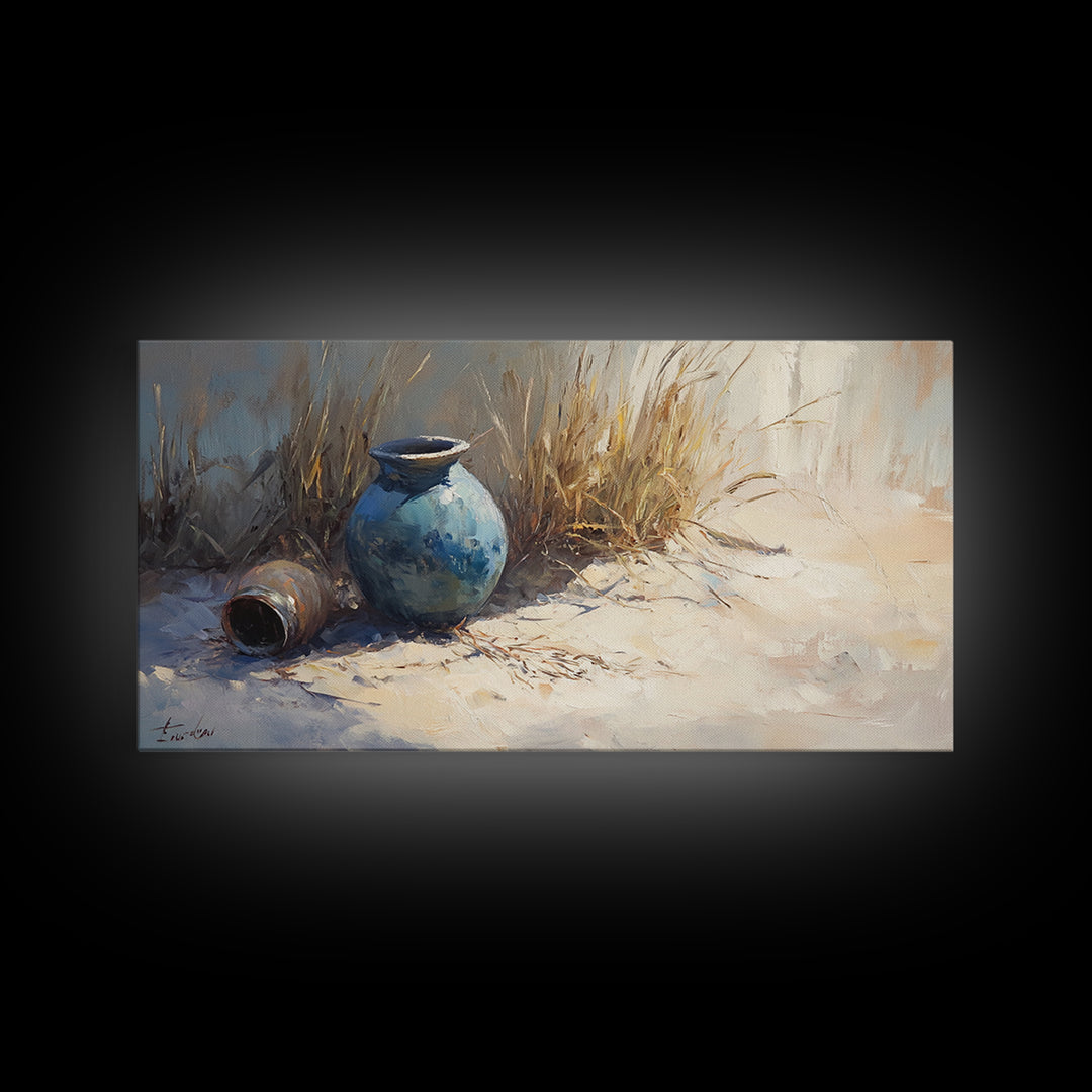 Blue Ceramic Vase In Sunlit Sand Wall Art, Coastal Still Life Canvas, Neutral Beach Decor, Rustic Home Decor, Housewarming Gift