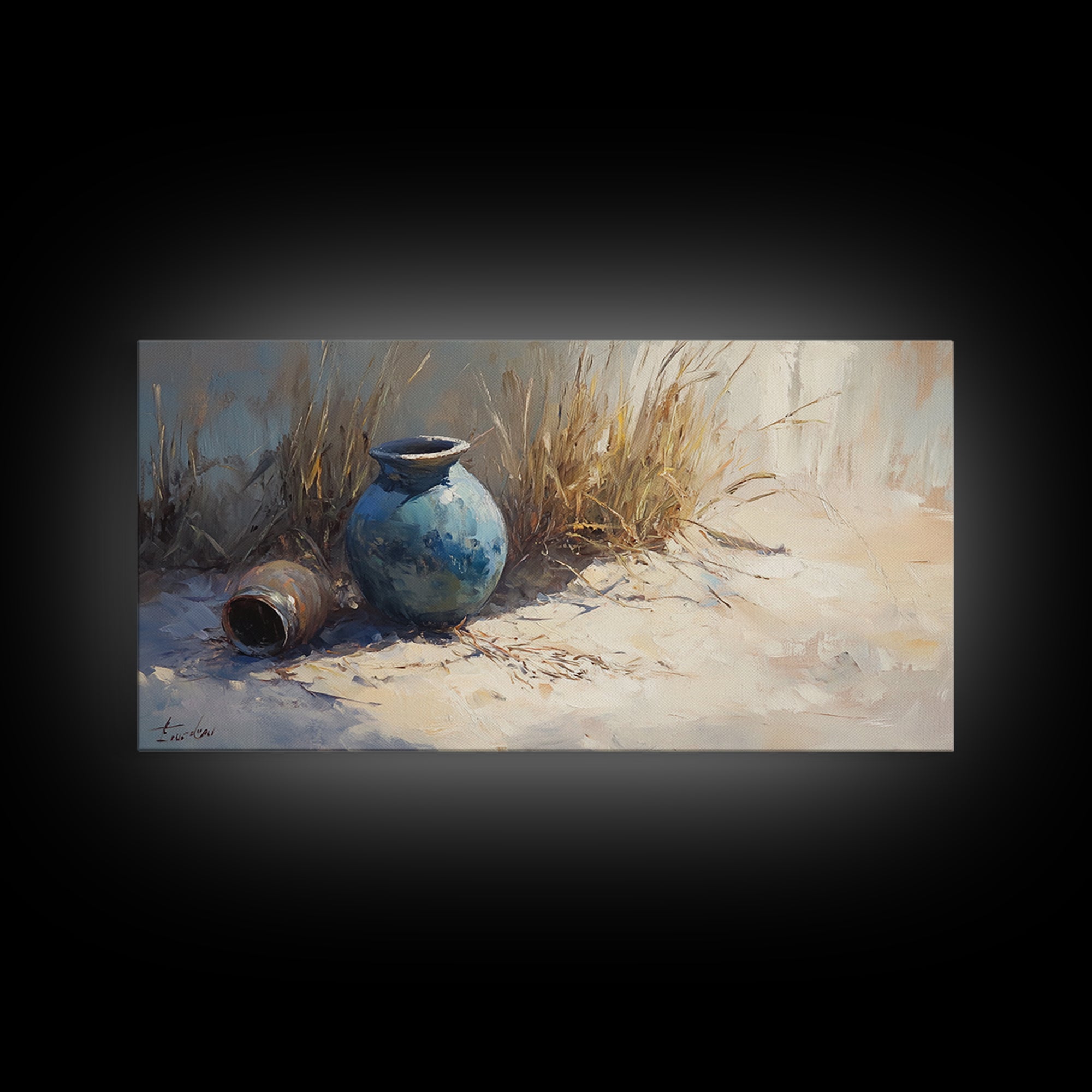 Blue Ceramic Vase In Sunlit Sand Wall Art, Coastal Still Life Canvas, Neutral Beach Decor, Rustic Home Decor, Housewarming Gift