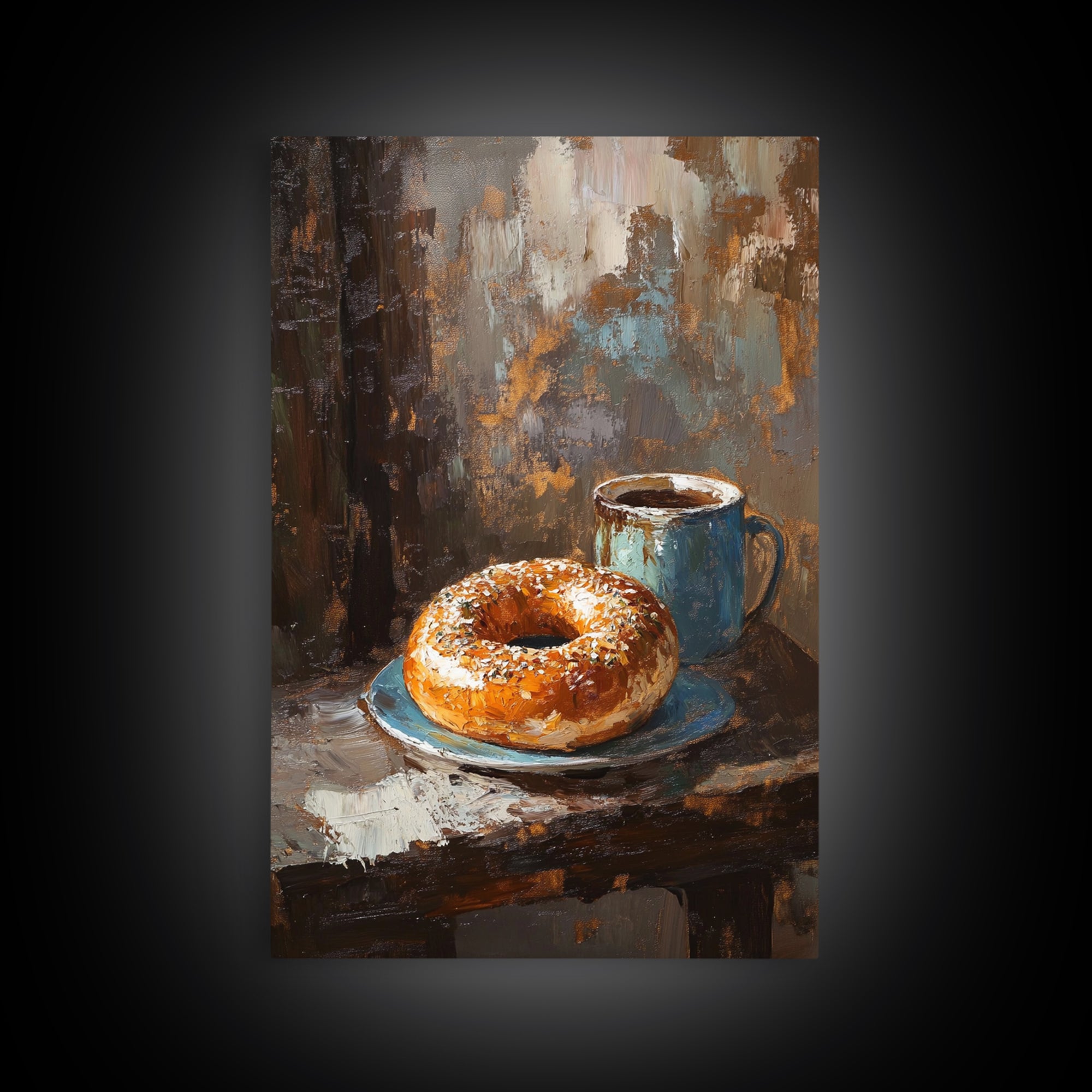 Rustic Coffee And Bagel Still Life Canvas Print, Cozy Kitchen Wall Art, Breakfast Nook Decor, Cafe Art Print Gift For Foodie