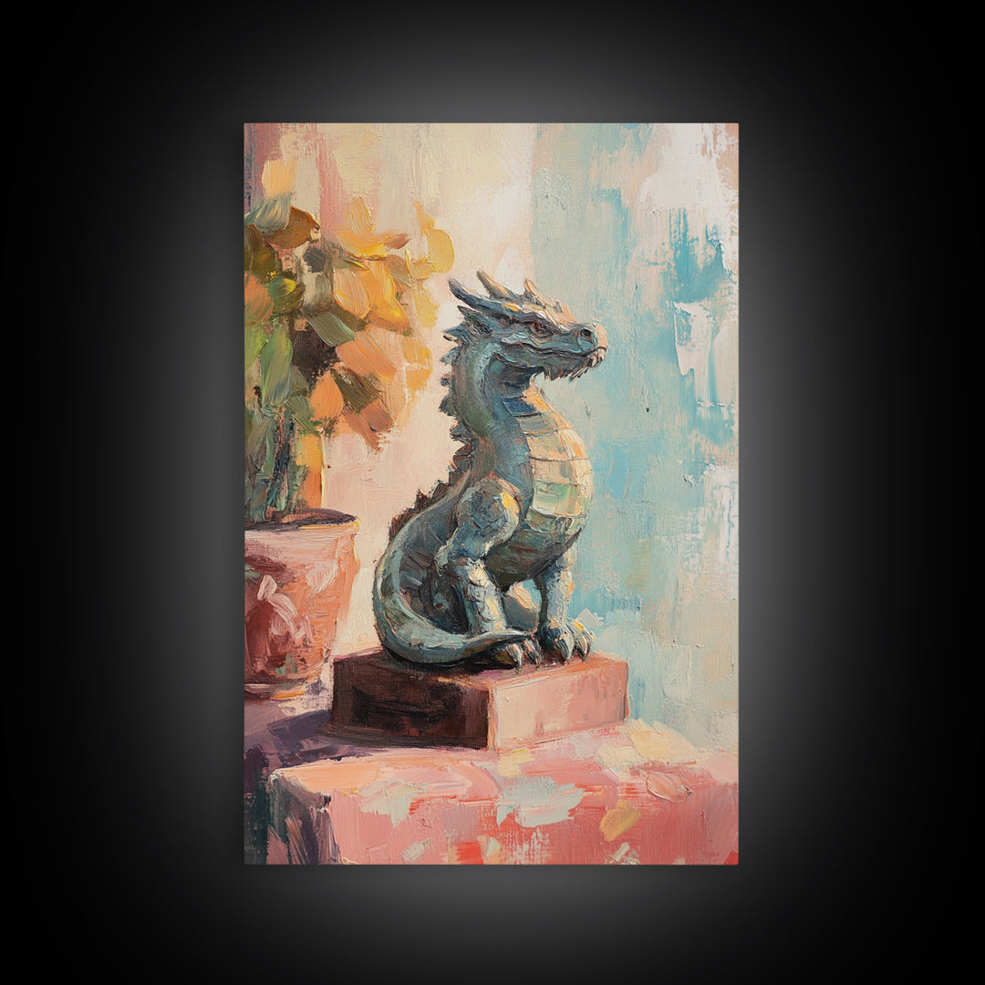Blue Dragon Statue Fantasy Canvas Print, Whimsical Wall Art, Mythical Creature Nursery Decor, Kids Room Art, Unique Gift