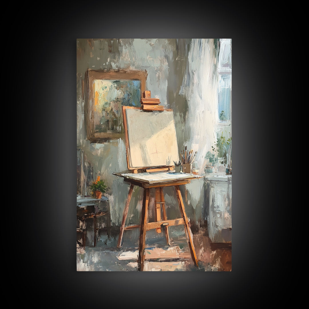 Sunlit Artist Studio Easel Framed Canvas Print, Office Wall Art, Creative Home Decor, Gift For Painter, Modern Wall Decor