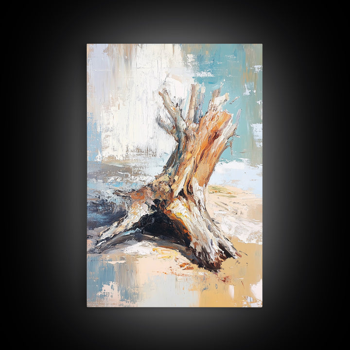 Textured Driftwood Stump On Sandy Shore Wall Art, Coastal Beach House Decor, Neutral Nature Print, Rustic Seaside Painting