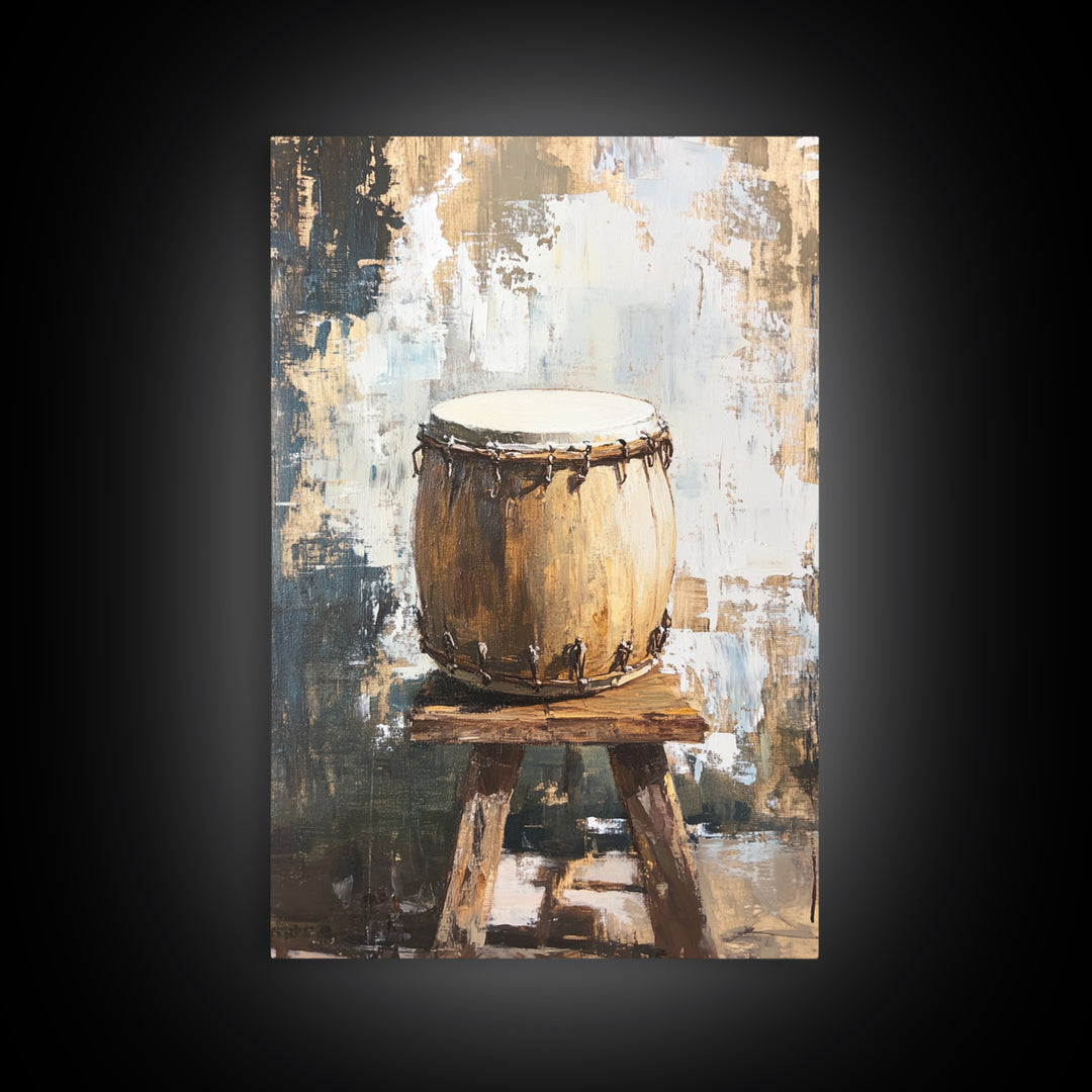 Rustic Hand Drum On Wooden Stool Canvas Print, Music Room Decor, African Inspired Art, Earth Tone Wall Decor, Gift For Him