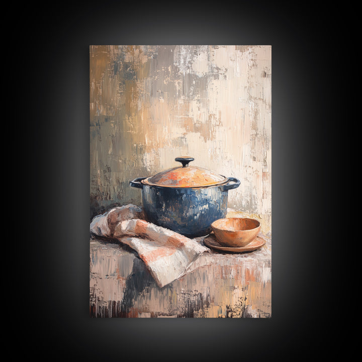 Blue Dutch Oven With Bread And Bowl Framed Canvas Print, Rustic Kitchen Wall Art, Farmhouse Decor, Cozy Still Life Painting