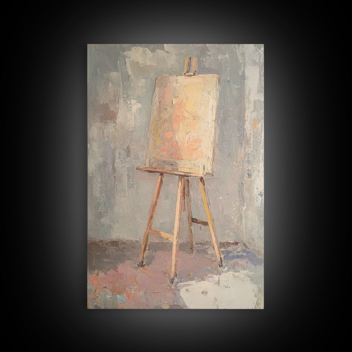 Empty Easel With Textured Blank Canvas Wall Art, Artist Studio Decor, Minimalist Neutral Art Print, Creative Office Gift