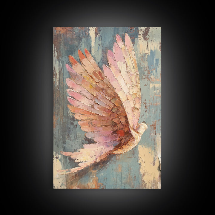 Pastel Dove In Flight With Textured Wings Wall Art, Peaceful Bird Painting, Spiritual Home Decor, Nursery Or Living Room Print