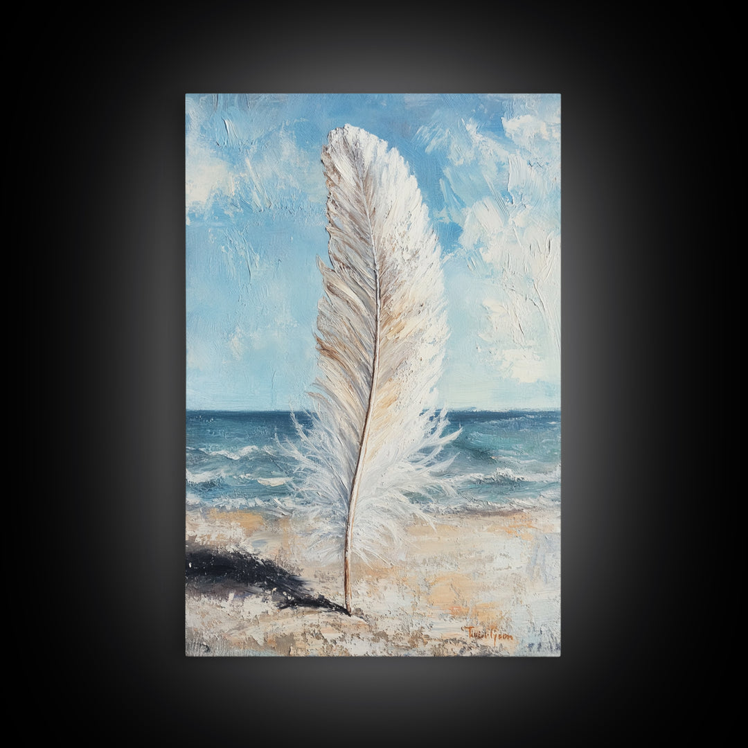 White Feather On Ocean Shore Canvas Print, Coastal Beach Wall Art, Serene Seascape Painting For Calm Bedroom And Beach House Decor