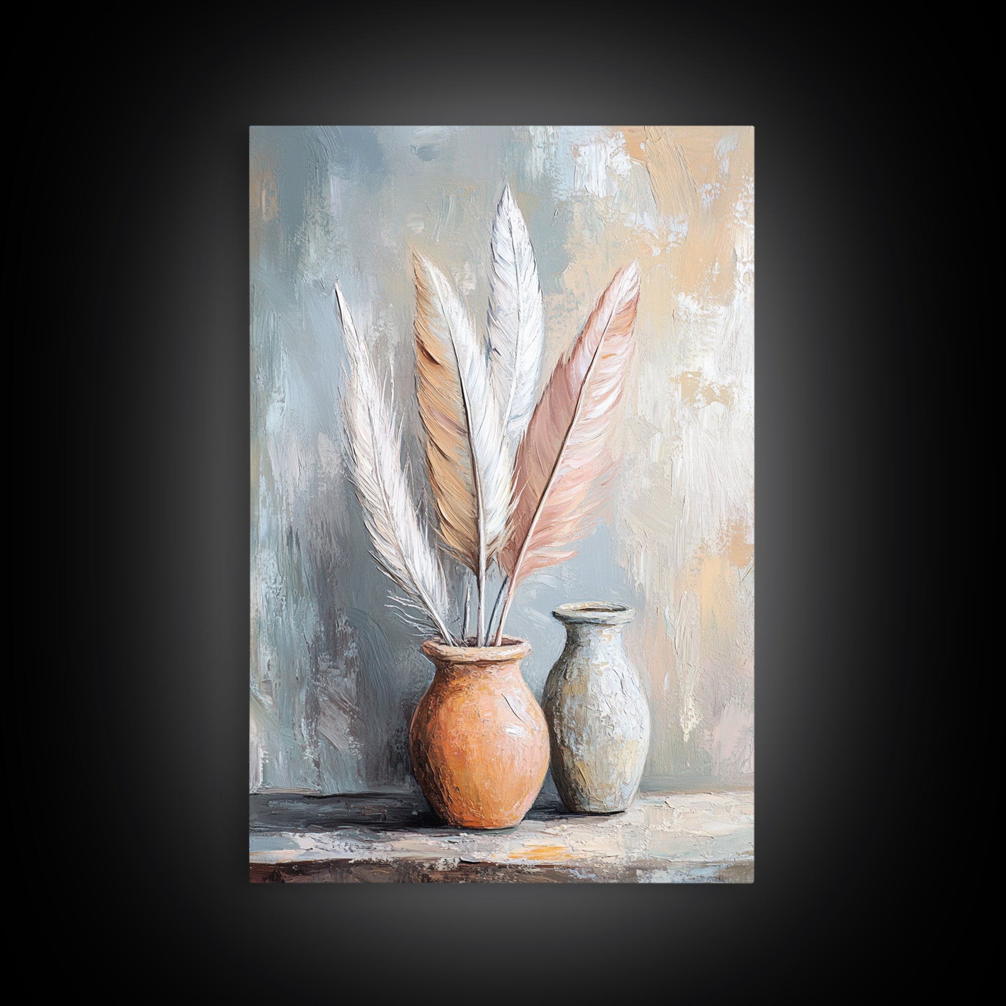 Soft Neutral Feathers In Ceramic Vases Framed Canvas Print, Boho Coastal Wall Art, Japandi Living Room Decor Gift For Bedroom
