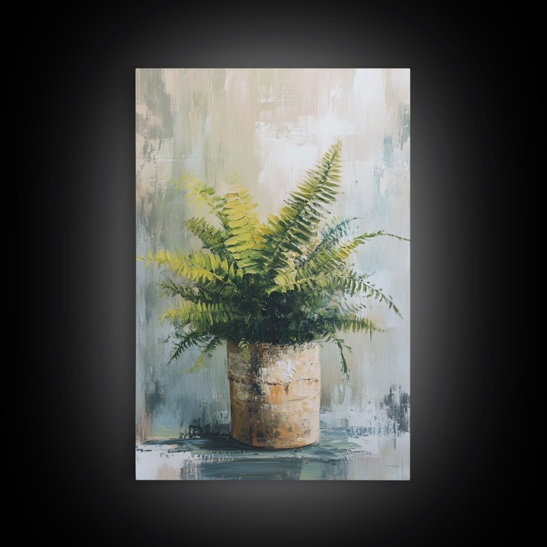 Green Fern In Rustic Pot Canvas Print, Botanical Wall Art, Neutral Plant Painting For Japandi Modern Home Decor Gift For Living Room