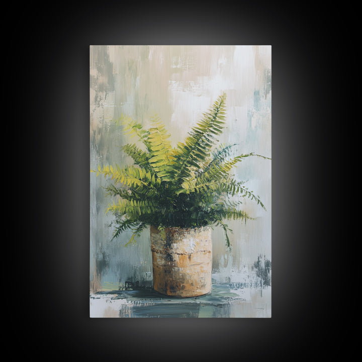Green Fern In Rustic Pot Canvas Print, Botanical Wall Art, Neutral Plant Painting For Japandi Modern Home Decor Gift For Living Room